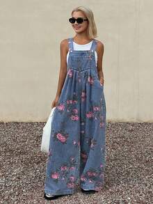 Livesso Mono vaquero holgado de pierna ancha con pliegues y estampado floral para mujer - Azul - Ver 3