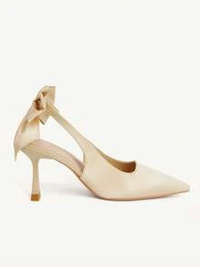 CUCCOO CHICEST Giày cao gót mũi nhọn, đa năng, thanh lịch, kiểu dáng cổ tích, nơ sau lưng, chất liệu satin màu mơ, gót hở. - Màu be - Xem 5
