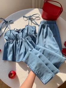 SHEIN MOD 夏季女士休闲牛仔连体裤 - 淺色水洗藍 - 查看 1