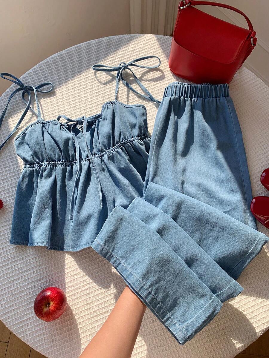 SHEIN MOD 夏季女士休闲牛仔连体裤 - 淺色水洗藍 - 查看 1