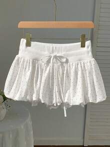 Comfortcana Summer Casual Red Polka Dot Print Drawstring Waist Ruffle Hem Shorts - White - View 5