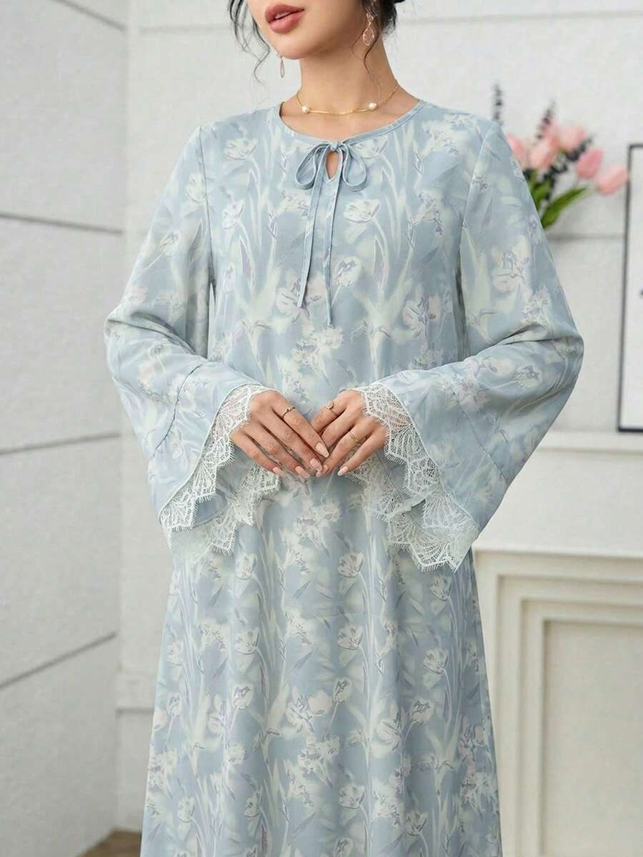 Al Najma Elegant Long Sleeve Lace Arabic Style Dress For Women