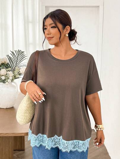 Lounesse Plus Size Women's Colorblock Round Neck T-Shirt, Daily Wear Lace Trim Patchwork Commuting Fashion T-Shirt