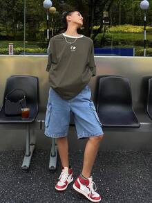 DAZY Casual Basic Contrast Color Round Neck Loose T-Shirt, Autumn Golf White - Olive Green - View 2