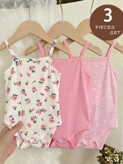 LMoss Kids Bộ áo liền quần 3 món cho bé gái, chất liệu dệt kim, màu trơn, chấm bi và họa tiết hoa nhỏ.