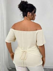 INAWLY Plus Size Women Solid Color Off-Shoulder Ruched Casual Versatile Daily Wear Top - Apricot - View 2