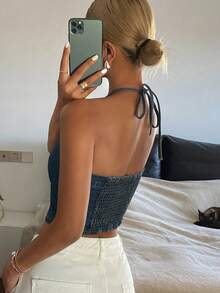 DAZY Áo crop top denim nữ mùa hè xếp ly, kiểu quây cổ buộc dây, gợi cảm. - Rửa trung bình - Xem 4
