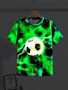SHEIN 儿童/青少年男童休闲时尚酷炫经典卡通足球闪电图案荧光印花短袖圆领T恤，适合夏季穿着 - 綠色 - 查看 6