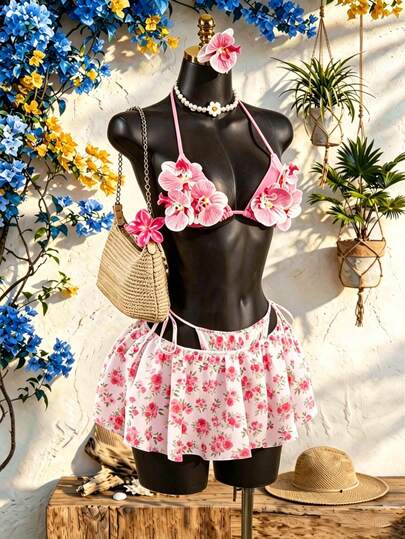 SaltGleam SaltGleam Falda con cordón en la cintura con estampado floral romántico, estilo de vacaciones en la playa