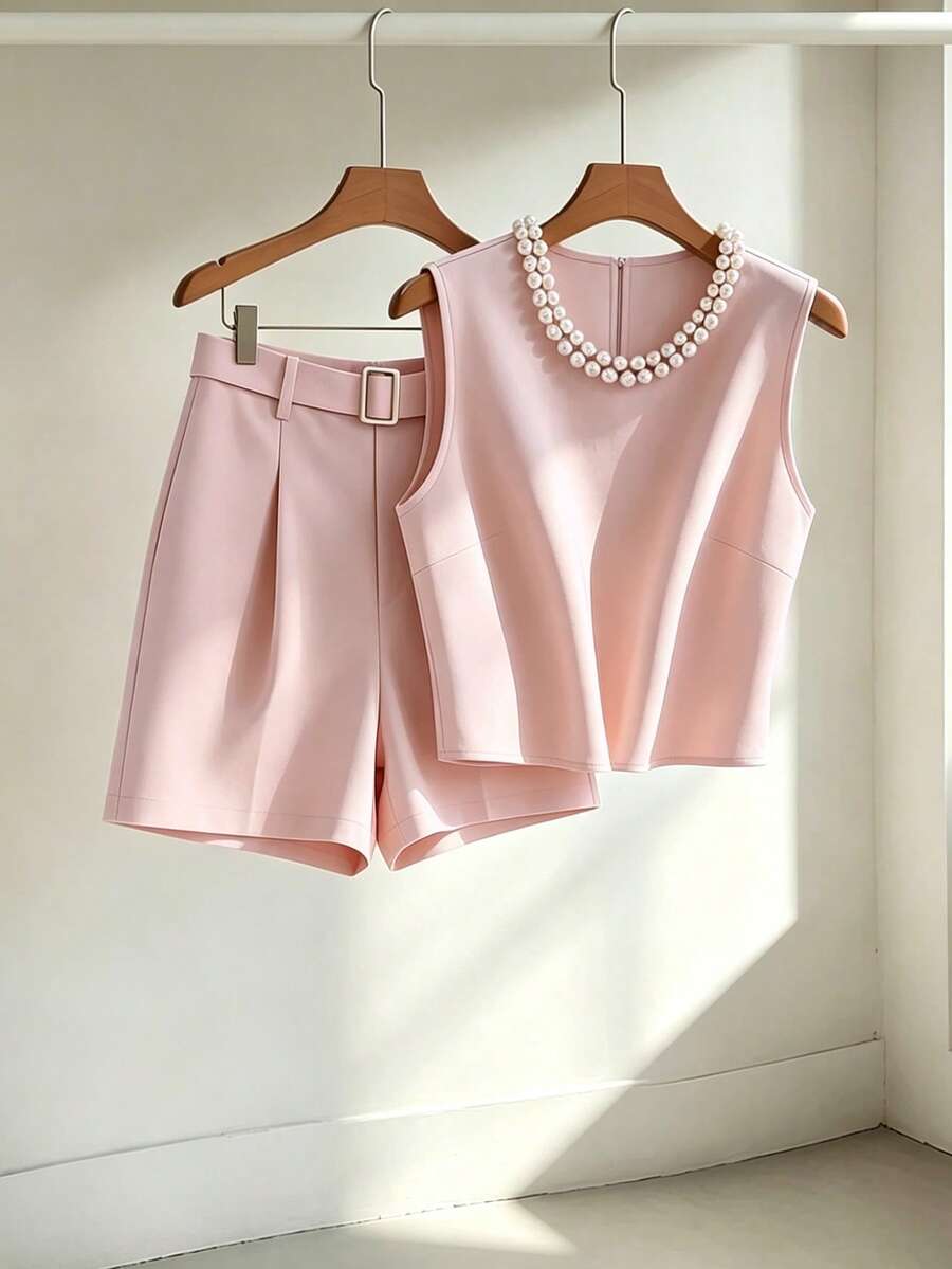 SHEIN Franclia Conjunto de traje elegante de satén con cuello de perlas y cintura para mujer - Rosa - Ver 1