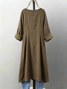 Linhara Plus-Size Women Summer Lined Dress,Retro Alternative Olive Green Solid Color,Coconut Buttons Cuffs,Asymmetrical Hem,Minimalist Elegant Traditional - Brown - View 2