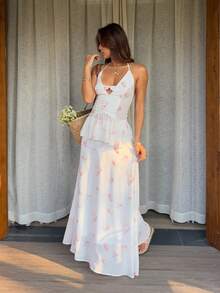 Livesso Conjunto de 2 piezas de top de cuello halter y falda con estampado floral elegante para mujer, verano - Blanco - Ver 3