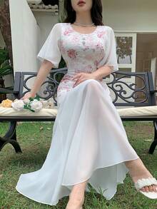 Modelyn Summer Elegant Sexy Lace Chiffon Print Fitted Fishtail Dress Wedding Golf Holiday Boda White - Multicolor - View 8