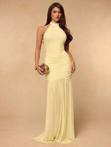 SHEIN BAE Đầm mùa hè màu vàng trơn, chất liệu lưới, xếp ly ở gấu, hơi xuyên thấu, gợi cảm và thanh lịch, đầm vàng, đầm đi nghỉ mát, đầm dự tiệc. - Màu vàng - Xem 3
