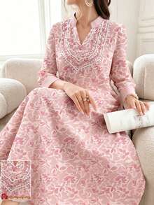 SHEIN Najma Floral Silhouette Print V-Neck Long Sleeve Maxi Dress, Elegant Arabic Style Vacation & Daily Wear, Spring/Summer - Multicolor - View 1