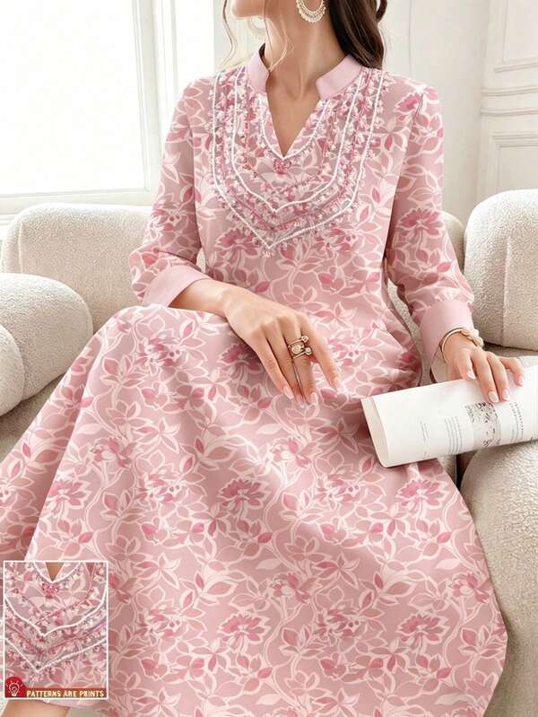 SHEIN Najma Floral Silhouette Print V-Neck Long Sleeve Maxi Dress, Elegant Arabic Style Vacation & Daily Wear, Spring/Summer