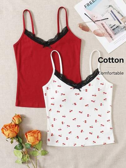 SHEIN Cotton 2pcs Rib Knit Solid Red & White Cherry Patterned Contrast Lace Strappy Cami Casual Tops Homewear Comfort Sleep Tops Set For Summer
