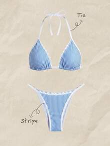 Elavelle Bộ bikini nữ cổ yếm xếp nếp in họa tiết ngẫu nhiên, thích hợp cho mùa xuân/hè. - Nhiều màu - Xem 1