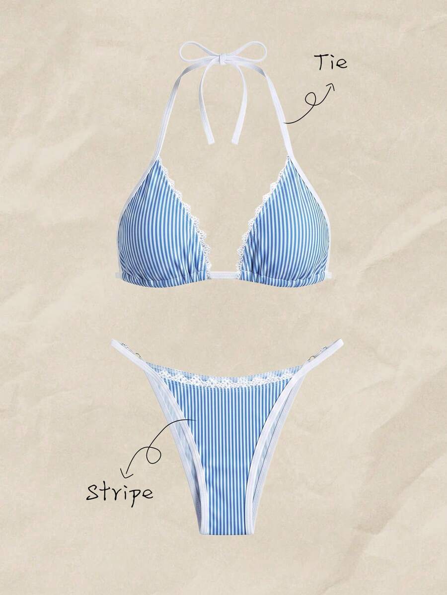 Elavelle Bộ bikini nữ cổ yếm xếp nếp in họa tiết ngẫu nhiên, thích hợp cho mùa xuân/hè. - Nhiều màu - Xem 1