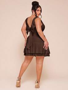 SHEIN BAE Plus Size Women Sleeveless Solid White Ruched Back Bow Decor Mini Dress - Brown - View 8