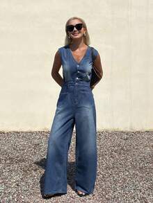 DAZY Bộ áo liền quần denim nữ kiểu dáng thường ngày, thích hợp cho mùa xuân và hè. - Màu xanh lam - Xem 5