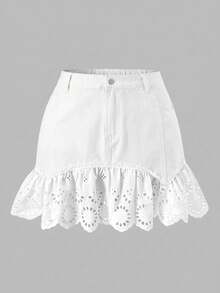 SHEIN MOD Plus Size Women Hollow Embroidery Ruffle Hem Denim Mini Skirt - White - View 7