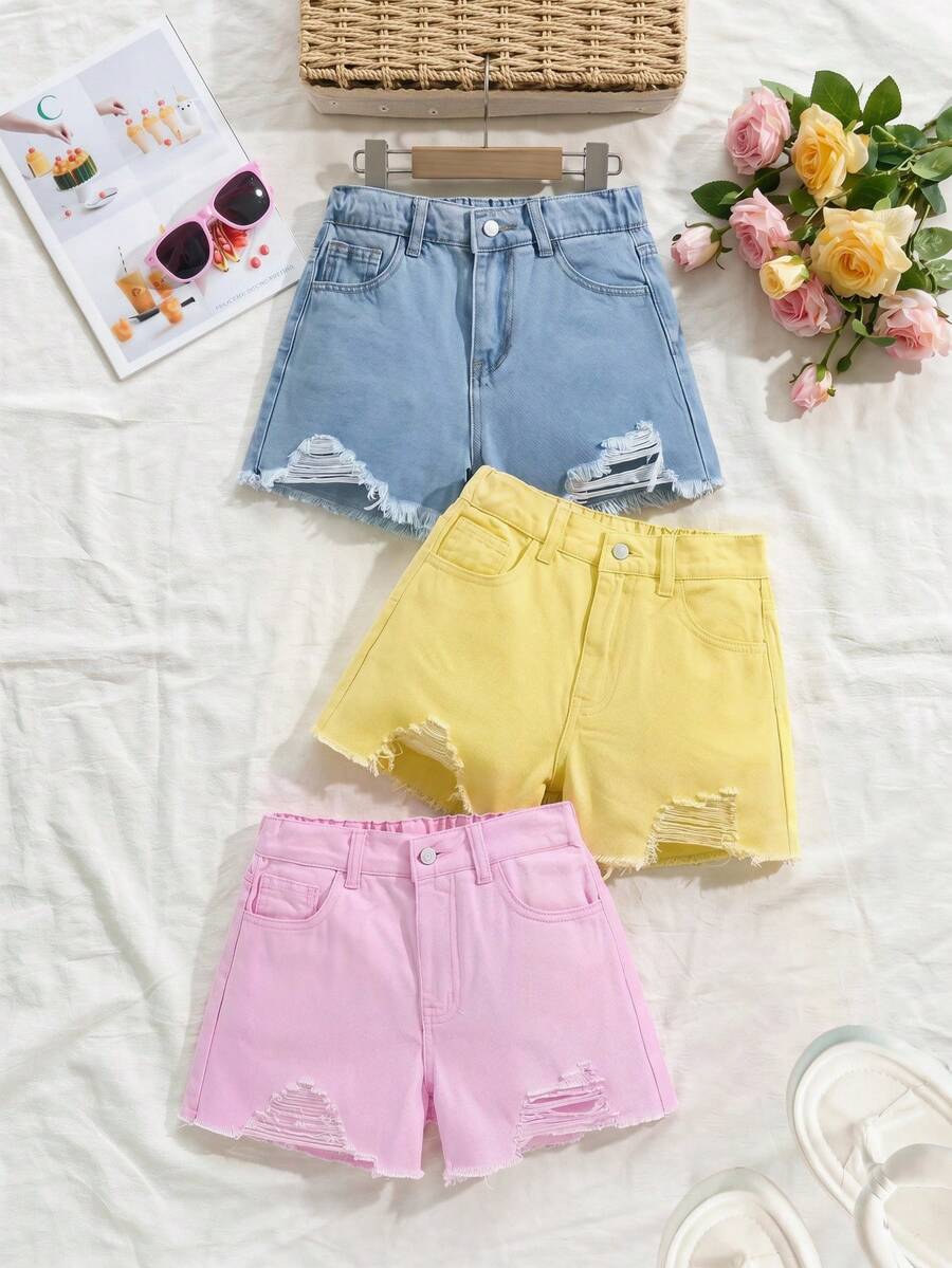 SHEIN 少女夏季沙滩波西米亚休闲三件套,粉色、蓝色、黄色宽松牛仔破洞短裤,斜插口袋,毛边裤脚,适合女孩夏季假期音乐会、锐舞派对、音乐节等场合,春夏假期沙滩时尚穿搭,夏季假期音乐会、锐舞派对可爱短裤,适合夏季休闲、学校、校园、大学等场合,适合春夏波西米亚风,适合复古/沙滩/海洋/优雅毕业季等场合,休闲,暑假,春季服装,海滩,假期,情人节,暑假,海滩假期,毕业季 - 彩色 - 查看 1