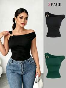 Elenzga Plus Size 2pcs/Set Asymmetric Collar Fitted T-Shirt, Versatile Casual Top, Spring/Summer - Multicolor - View 1
