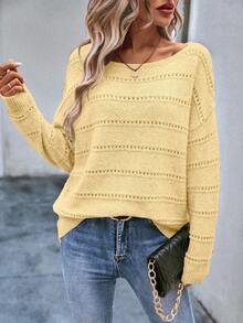 EMERY ROSE Suéter casual de mujer de unicolor, de manga larga, con hombros caídos y calado - Amarillo - Ver 8