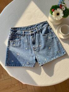 Comfortcana Quần short denim nữ kiểu dáng thường ngày, thêu hoa, thích hợp cho mùa hè. - Rửa trung bình - Xem 7