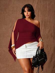 Rustia Plus Size Women Solid Color Oblique Shoulder Fitted Casual Top Fall - Red - View 5