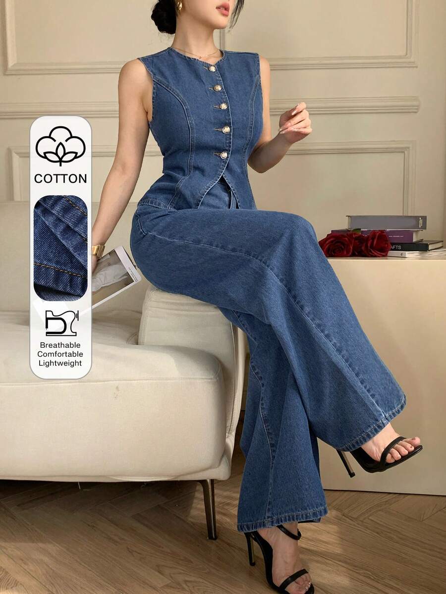 Dazy Tall Conjunto de 2 piezas de estilo de vacaciones con chaleco sin mangas de cuello redondo y cintura ceñida, y pantalones rectos holgados - Azul lavado medio - Ver 1