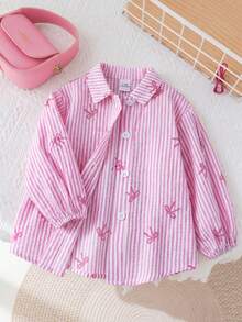 SHEIN LMoss Kids LMoss 女婴时尚可爱条纹长袖衬衫，非常适合度假 - 粉色 - 查看 3