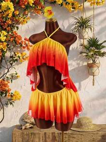 Amplova Setelan 2 Potong Gaya Boho Musim Panas Oranye dan Kuning untuk Liburan Pantai Tropis bagi Wanita, Rok Mini Camisole Pendek dengan Hem Bergelombang, Pakaian Bodycon untuk Festival, Pesta - Coklat - View 5
