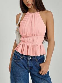 SHEIN PETITE 女款百褶掛脖領收腰綁帶露背背心，夏季上衣，適合嬌小女性 - 藕粉色 - 查看 10