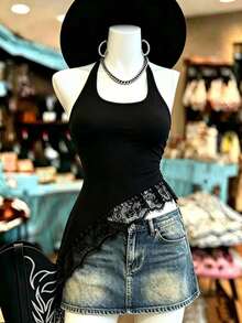 NostaNoir Women's Lace Patchwork Asymmetrical Hem Halter Neck Camisole - Black - View 1