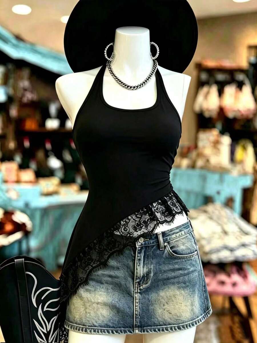 NostaNoir Women's Lace Patchwork Asymmetrical Hem Halter Neck Camisole - Black - View 1