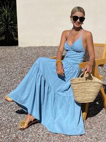DAZY Vestido largo de mezclilla con cuello en V, sin mangas y con lazo, estilo de vacaciones para mujeres - Lavado ligero - Ver 3
