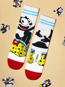 SHEIN Felix The Cat 2 Pairs Soft & Breathable Moisture-Wicking Casual Mid-Calf Socks With Cat Pattern Fashionable Cute Cartoon Cat Black & White Crew Socks Reinforced Toe & Heel For Durability Unisex For Men & Women All Season All-Match Summer Winter,Graphics Socks - 彩色 - 查看 7