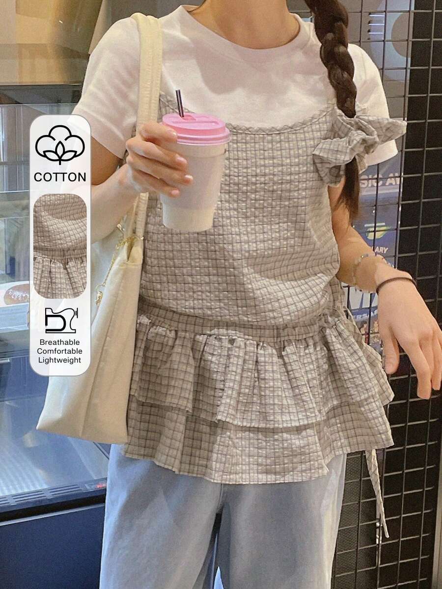 DAZY 女士格子印花多层休闲吊带背心 - 卡其色 - 查看 1