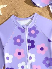 SHEIN 女童碎花印花拉链长袖连体泳衣，配泳帽，适合游泳、夏季和度假。 - 彩色 - 查看 3