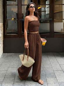 Serisse Women's Summer Casual Vacation Simple Solid Color Tube Top And Drawstring Waist Wide Leg Long Pants 2-Piece Set,Summer Outfits For Women - Coffee Brown - View 4