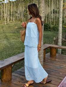 DAZY Solid Color Floral Embroidered Hem Fitted Maxi Skirt, Elegant Vacation Spring/Summer 2-Piece Set For Women - Blue - View 3