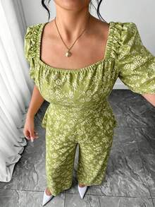 Elenzga Conjunto informal de mujer talla grande con blusa de cuello plisado con estampado floral y pantalones de pierna ancha - Verde militar - Ver 3