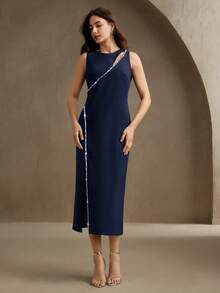 Anewsta Elegant High-End Luxury Design Hollow Chain Long Sleeve Split Bodycon Dress, Chic, Suitable For Party, Wedding, Valentine, Black - Navy Blue - View 5