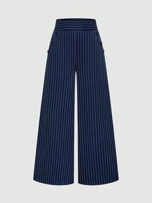 Elenzga Nuevos pantalones de estilo coreano de primavera/verano, de moda minimalista y elegante, de lino a rayas azul y blanco, de cintura alta, estilizadores, de pierna recta holgada y casual para mujeres - Azul Marino - Ver 5