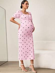 MaterniWear Đầm bầu in chấm bi, thắt nơ phía trước, tay ngắn kiểu cánh hoa. - Hồng - Xem 4