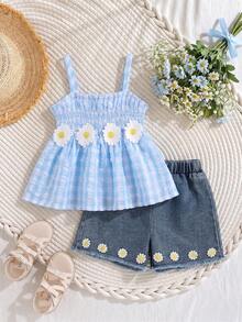 SHEIN Elladie kids 两件套女童休闲通勤甜美蝴蝶结吊带背心，蓝白拼接花卉装饰，搭配牛仔短裤，春夏乡村风儿童夏季套装 - 藍色 - 查看 8