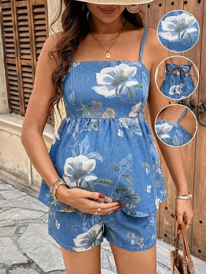 SHEIN Floral Print Maternity Camisole And Denim Shorts Casual Suit Summer Carnival Costume Commuting Vacation Graduation Chic Y2k Cute Streetwear Coquette Party Wedding Elegant Business Casual Woman Business Beach Graduation Maternity Denim Floral Print Cami Top And Shorts Set With Adjustable Straps And Back Bow Detail For Summer