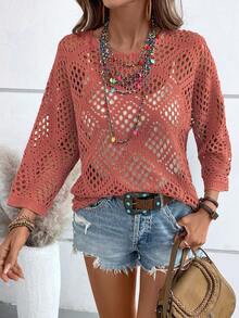 EMERY ROSE Women's Solid Color Hollow Casual Versatile Daily Wear Sweater - Watermelon Pink - View 7